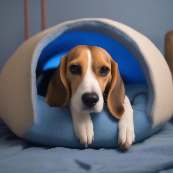 Happy dog in a burrow bed