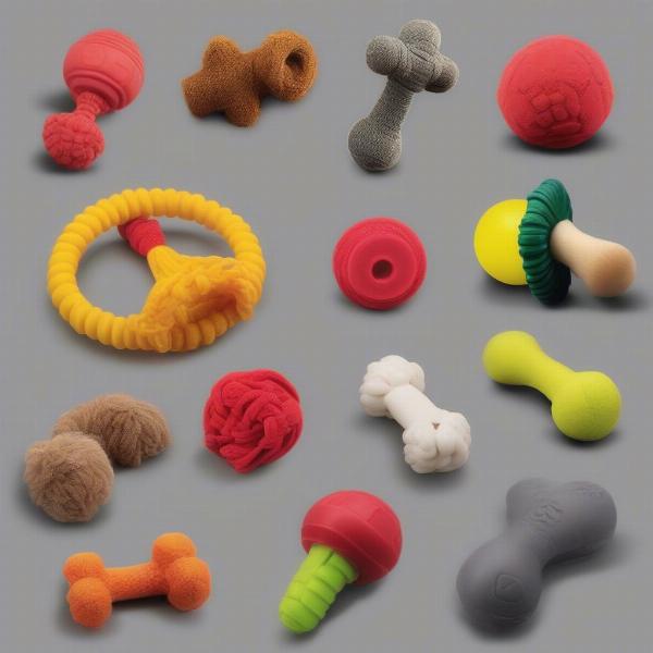 A variety of durable dog toys made from different materials, such as rubber, rope, and nylon.