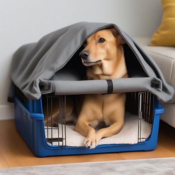 Dog Wearing a Thundershirt in a Crate with a Pheromone Diffuser