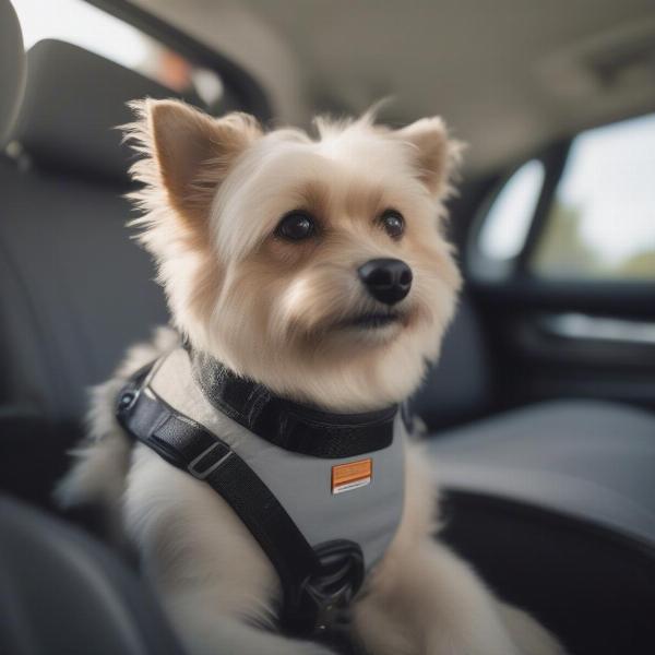 Happy dog in a car console dog seat