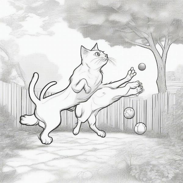 Cat and Dog Playing Coloring Page