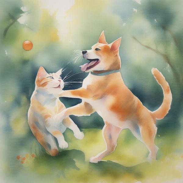 Watercolor painting of a cat and dog playing together