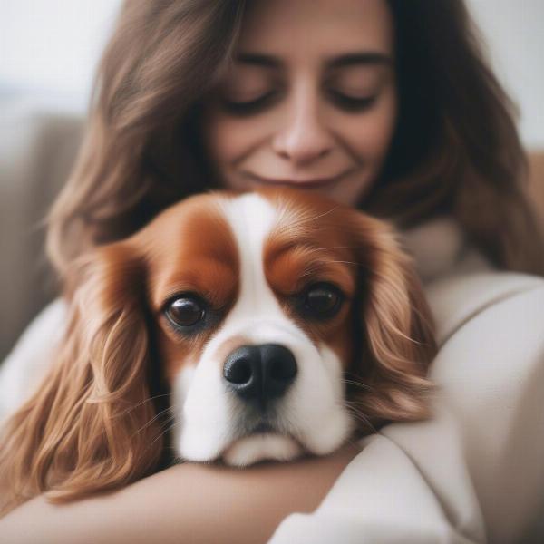 A Cavalier King Charles Spaniel cuddles with its owner.