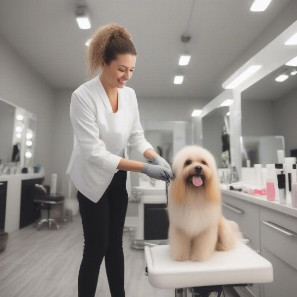 Certified dog groomer working with a dog in a professional salon