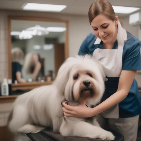 A certified dog groomer working with a dog in a professional salon.