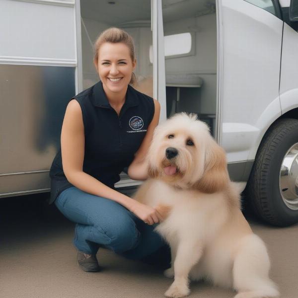 A certified mobile dog groomer in Saskatoon displaying their certification and interacting with a happy dog.