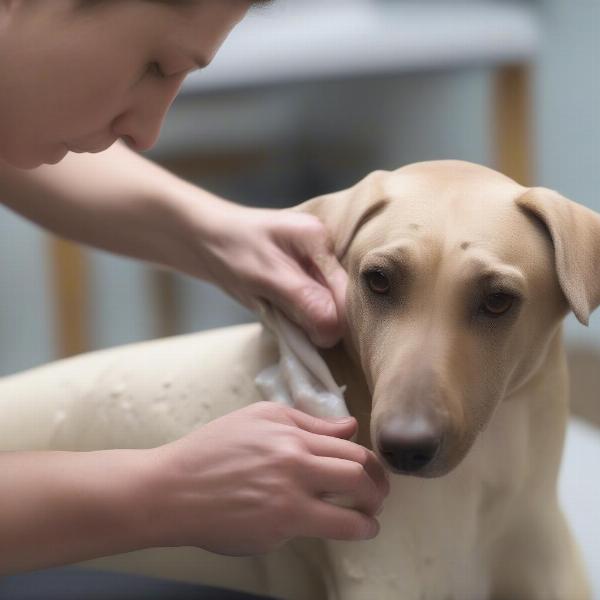 Checking a dog's back leg cast for damage