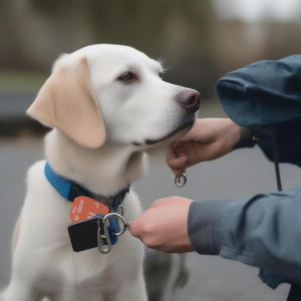 Owner inspecting dog's tag