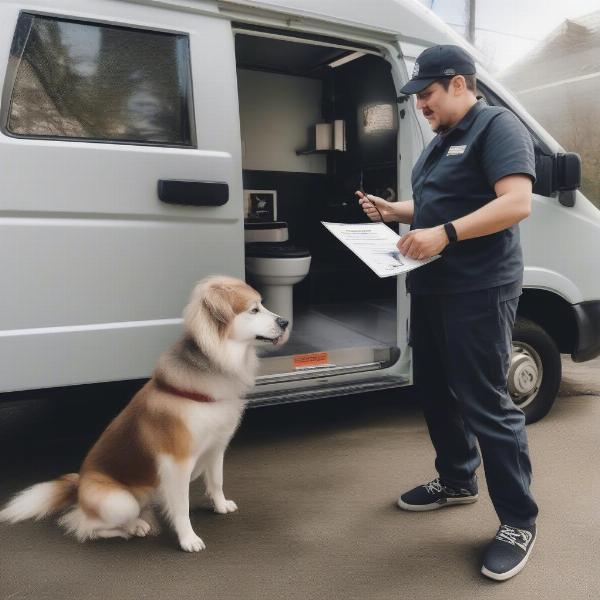 A pet owner is checking the credentials of a mobile dog groomer.