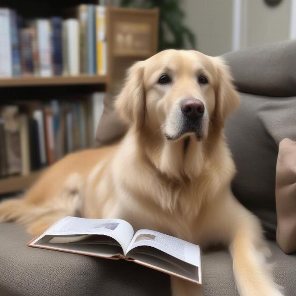 Chessie Moore carefully considers different dog breeds while holding a book about dog breeds.