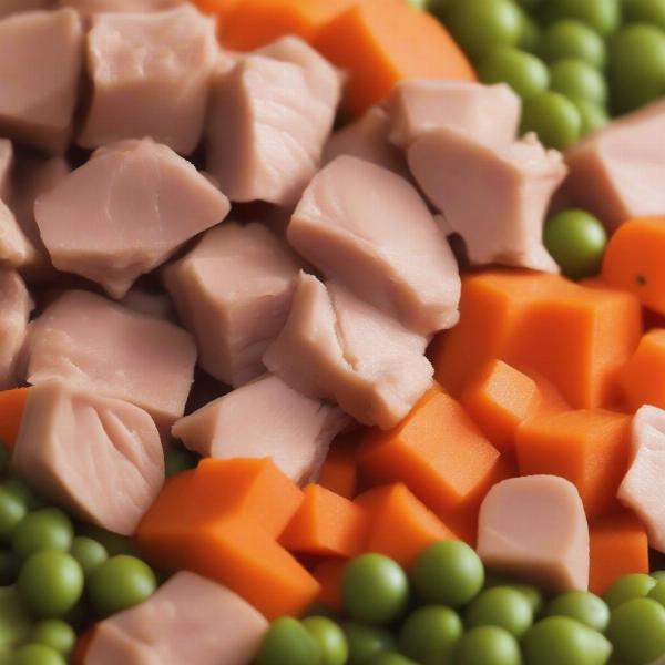 Close-up of chicken and sweet potato dog food ingredients