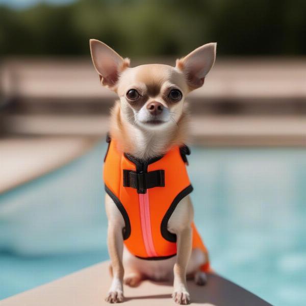 Chihuahua Wearing a Life Jacket by the Pool