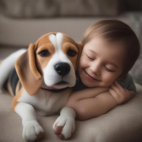 Child Cuddling Plush Beagle Dog