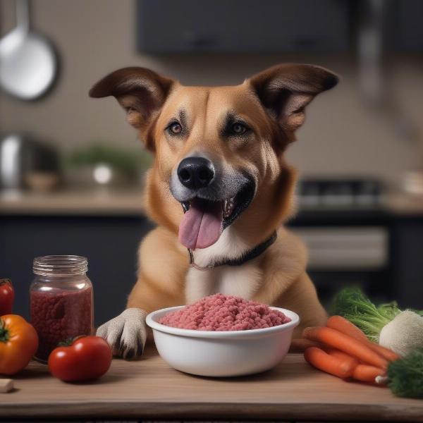 Dog eating raw beef mince