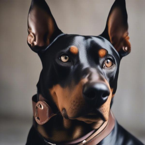 A dog's panting restricted by a leather mask.