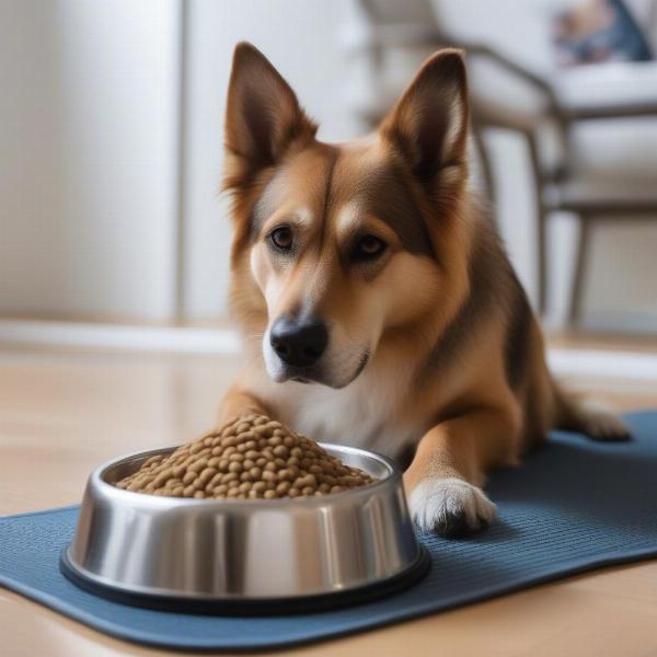 A dog eating from a bowl in a safe space