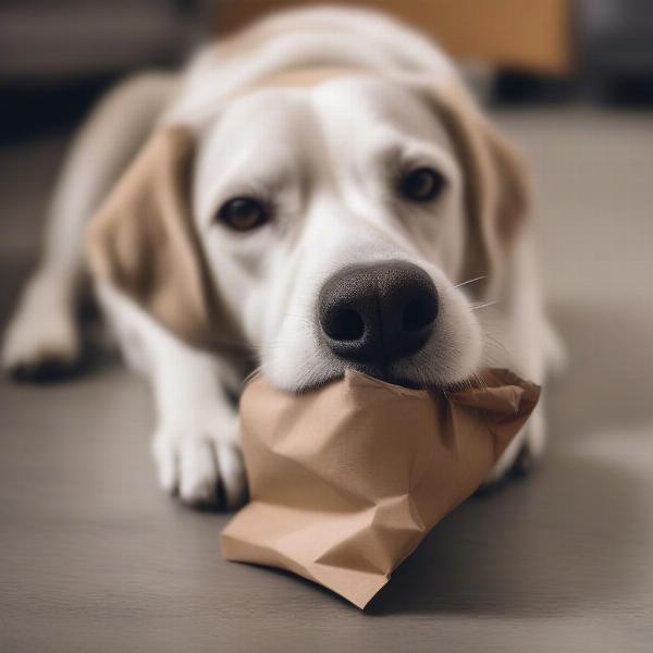 Dog cautious with paper bag