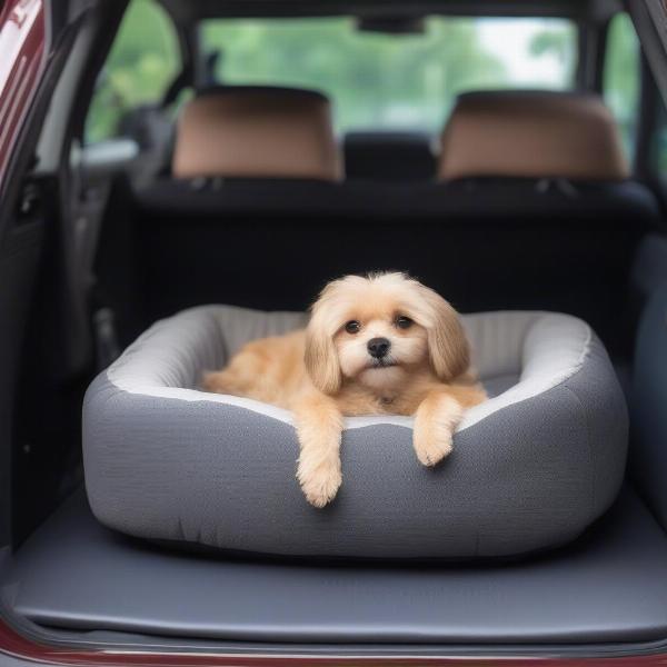 Dog relaxing on a car dog bed