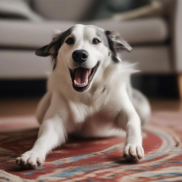 Dog excitedly jumps on a rug