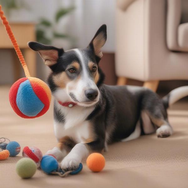 Dog playing with toys