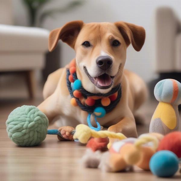 Dog playing with toys