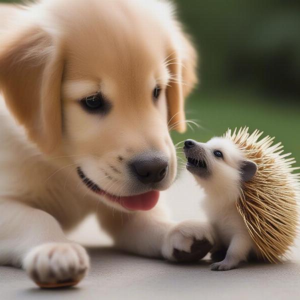 Dog playing with a squeaky hedgehog toy