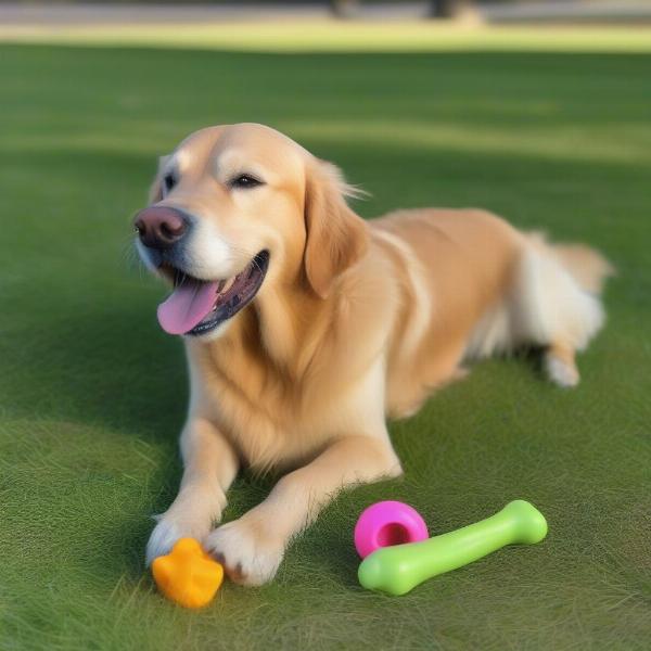 Dog playing with a squeaky bone toy