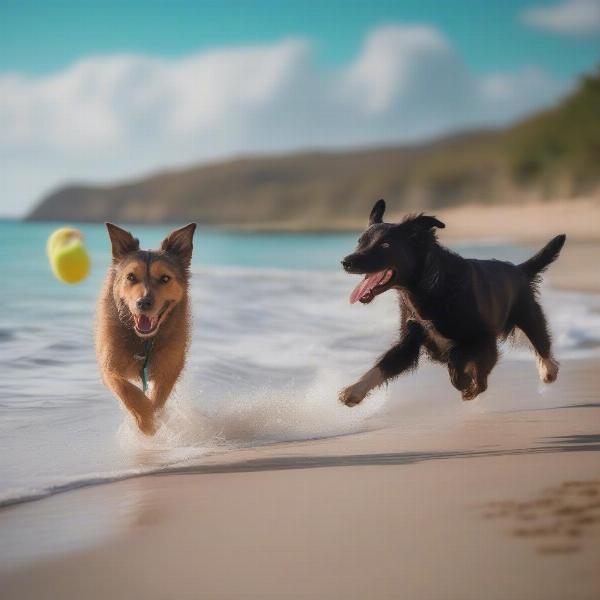 Dogs playing on the beach