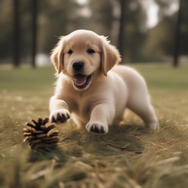 Dog playing with a pine cone