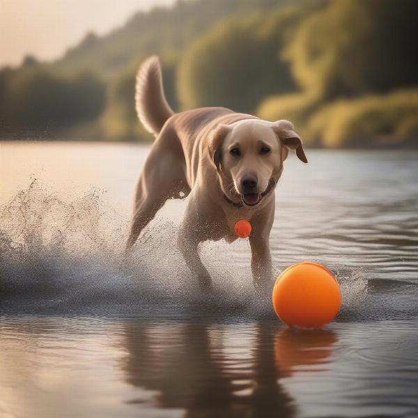 Dog playing on the river bank with toys