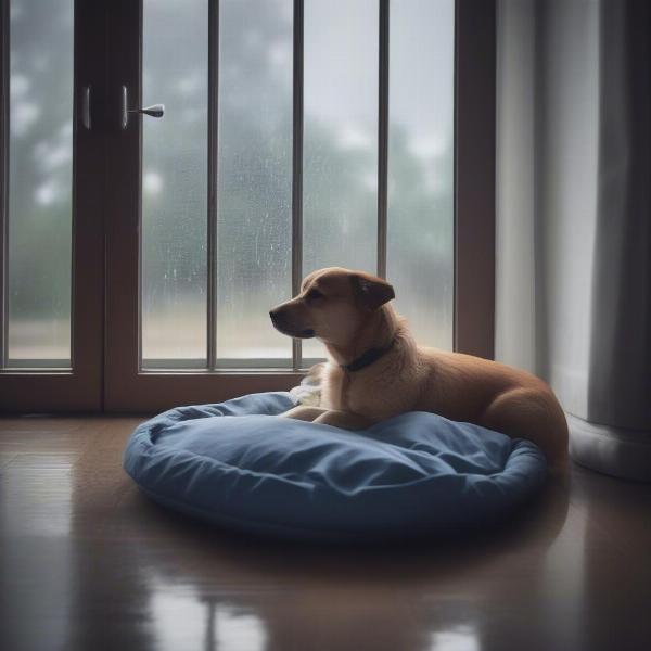 Dog playing with a calming toy during a storm