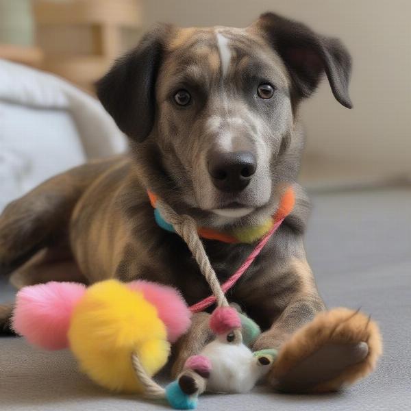 Dog playing with a teddy bear