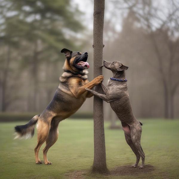 Dog playing with spring pole