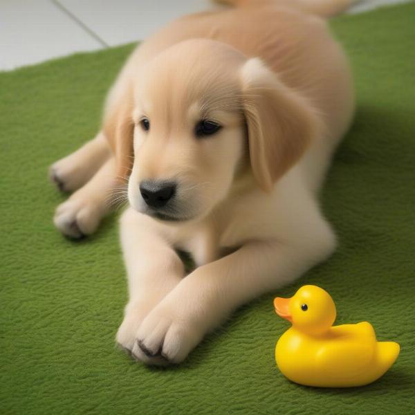 Dog playing with a squeaky duck toy