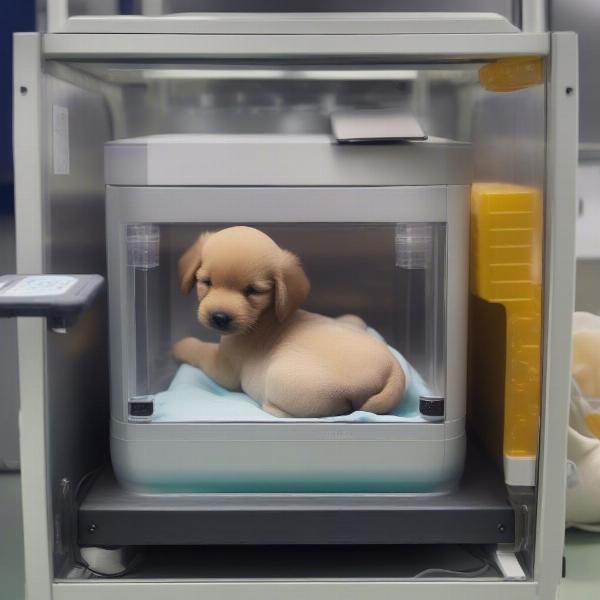 Puppy in an incubator