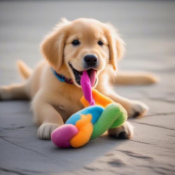 Dog playing with a stuffed toy