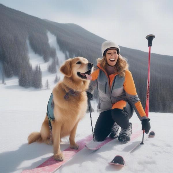 Dog skiing with its owner