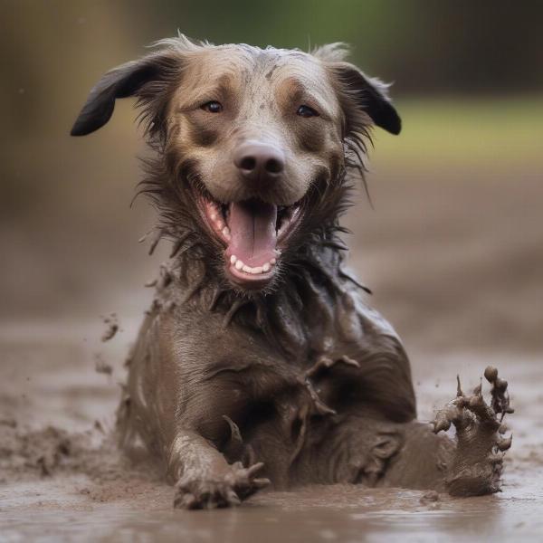 Dog rolling in mud