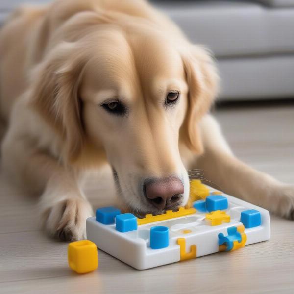 Dog playing with an interactive puzzle feeder