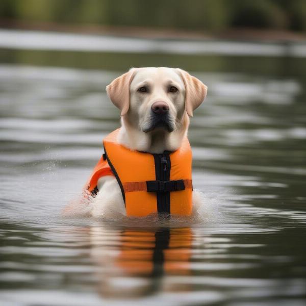 Dog wearing a life vest swimming in a lake