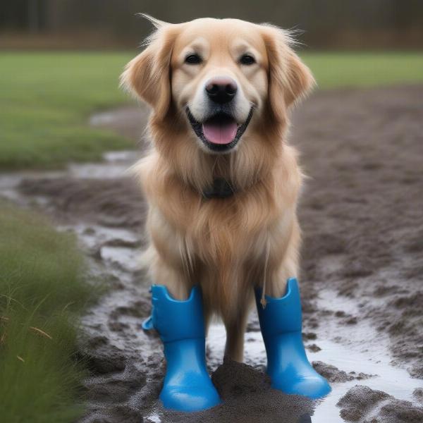 Dog wearing mud boots in the rain