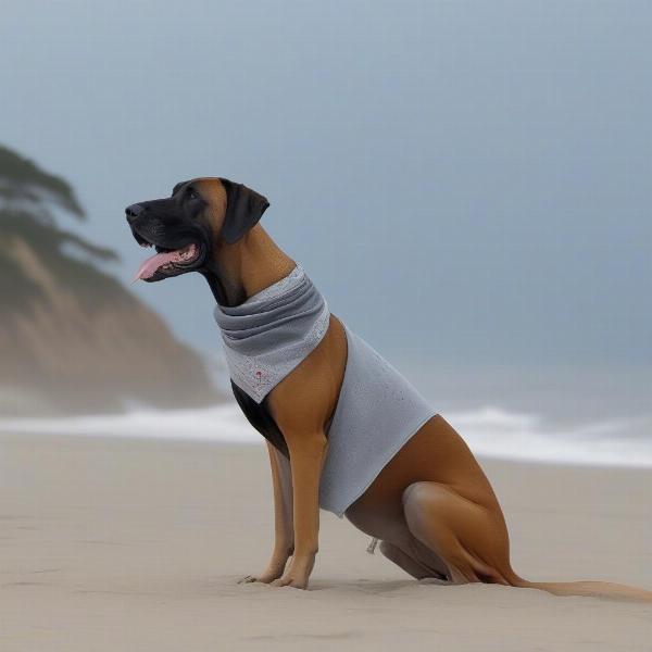 Dog wearing a shark fin bandana