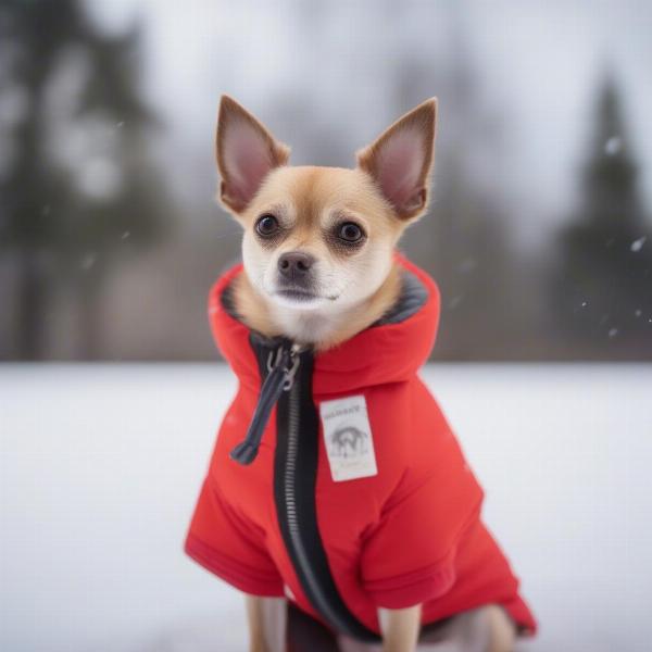 Dog wearing a parka in the winter