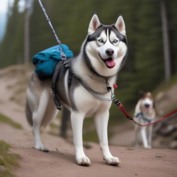 Dog hiking on a mountain trail