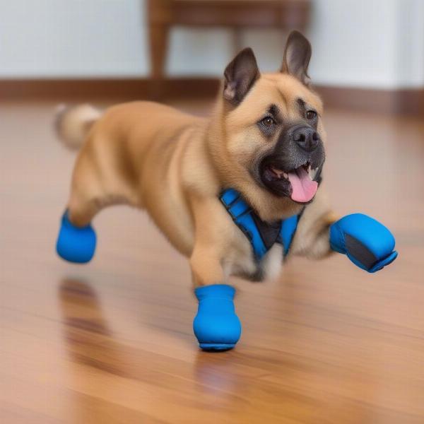 Dog walking with booties on a hardwood floor