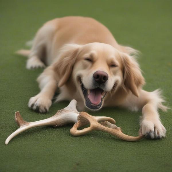 Dog chewing on a split antler