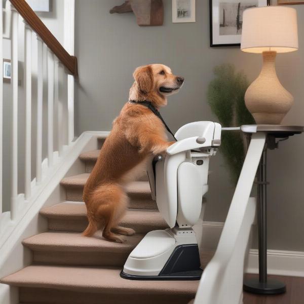 Senior dog using a dog stair lift