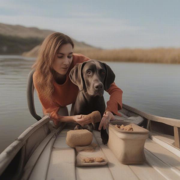 Dog getting acquainted with a boat