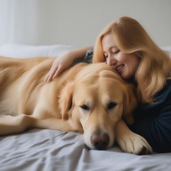 Big dog lying on bed with owner