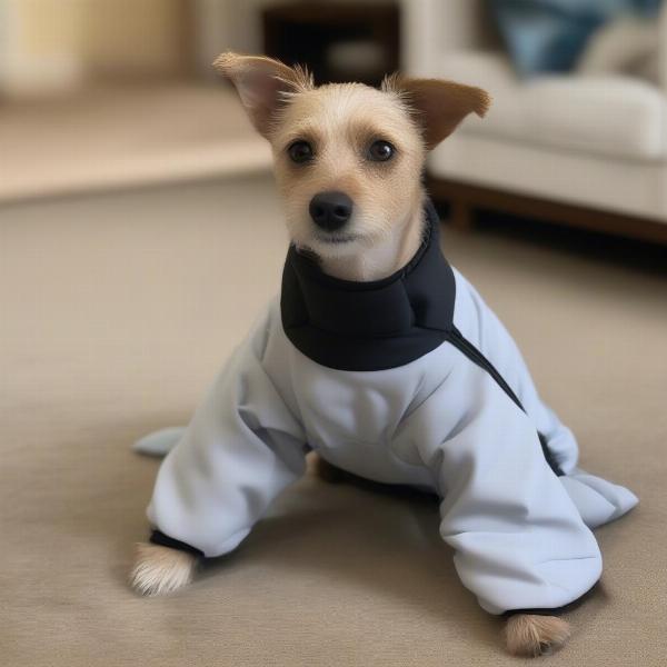 Dog wearing a surgical recovery suit.